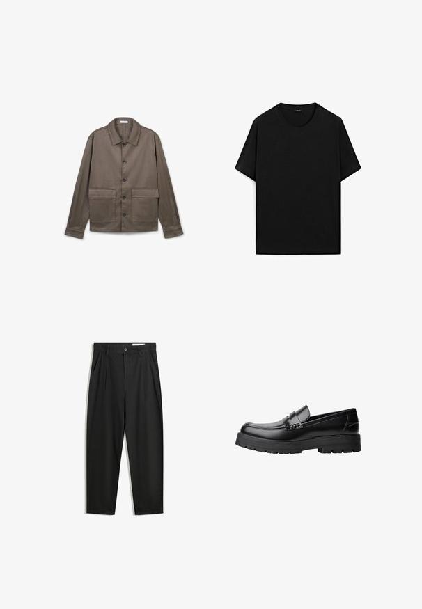 Giacca marrone con bottoni, colletto, due grandi tasche frontali e maniche lunghe, appoggiata su uno sfondo bianco.; T-shirt nera a manica corta in cotone con collo rotondo, caratterizzata da una texture liscia e un design semplice. Nessun marchio visibile.; Pantaloni in cotone neri con una vestibilità rilassata, dotati di una vita classica, pieghe frontali e tasche laterali. Tessuto liscio senza fantasie.; Mocassino in pelle nera con suola spessa e tassellata e fascia decorativa sulla parte superiore, mostrato in profilo sinistro su sfondo bianco.