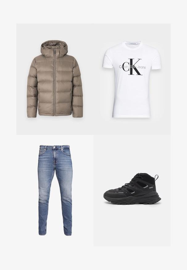 Vatteret vinterjakke i taupefarve med lynlås foran, to lynlåslommer i siderne og fast hætte mod en ensartet hvid baggrund.; Hvid bomulds t-shirt med et sort "CK" logo og teksten "Calvin Klein Jeans", korte ærmer og en klassisk rund halsudskæring.; Blå slim-fit jeans med fem lommer, bleget vask, knaplukning og bæltestropper, præsenteret mod en hvid baggrund.; Sorte vandresko med et lagdelt design, tekstureret stof og gummisål, med forstærkede områder og snørebånd foran.