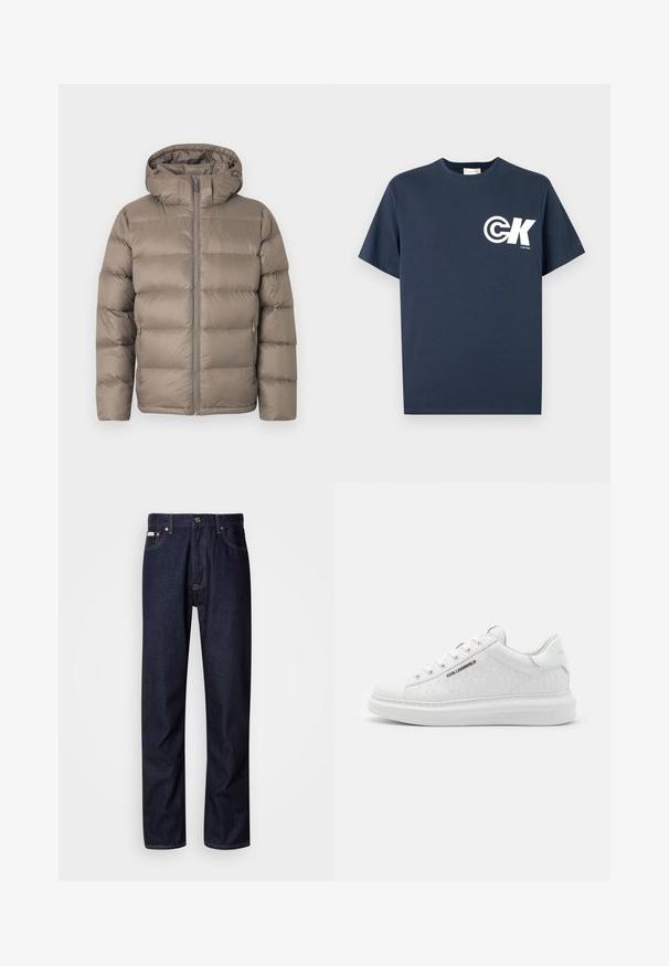 Zimná bunda s výplňou vo farbe taupe, s predným zipsom, dvoma vreckami na zips po stranách a pripevnenou kapucňou na bielom jednoduchom pozadí.; Tmavomodré tričko s krátkym rukávom a okrúhlym výstrihom s bielym logom CK a nápisom "Calvin Klein" na ľavej strane hrudníka.; Tmavomodré jeans z denimu so strihom s rovnými nohavicami, obsahujúce zapínanie na gombíky, päť vreciek a kontrastné stehy.; Biele tenisky vyrobené z hladkej kože s embosovaným vzorom. Majú okrúhlu špičku, šnurovanie v prednej časti a textúrovanú podrážku. Strieborný detail loga na boku.