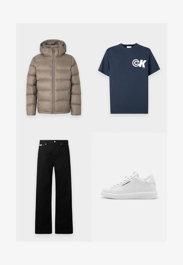 Kurtka zimowa pikowana w kolorze taupe z przednim zamkiem błyskawicznym, dwoma zamykanymi na zamek bocznymi kieszeniami oraz przymocowanym kapturem na jednolitym białym tle.; Granatowy T-shirt z krótkim rękawem i okrągłym dekoltem, z białym logo CK oraz napisem "Calvin Klein" na lewej piersi.; Czarne dżinsowe spodnie o szerokim kroju, z pięcioma kieszeniami i metalowymi guzikami. Gładka tekstura, bez widocznych wzorów.; Białe sneakersy wykonane z gładkiej skóry z tłoczonym wzorem. Posiadają okrągły nos, sznurowane z przodu oraz teksturowaną podeszwę. Srebrny detal z logo po boku.