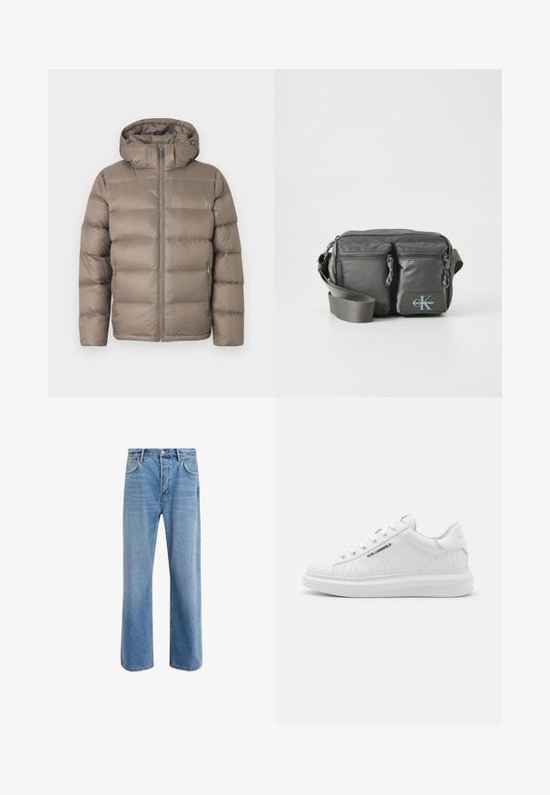 Taupefarbene gesteppte Winterjacke mit Frontreißverschluss, zwei seitlichen Reißverschlusstaschen und angenähter Kapuze vor weißem Hintergrund.; Marineblaues T-Shirt mit kurzen Ärmeln, Rundhalsausschnitt, weißem CK-Logo und "Calvin Klein"-Schriftzug auf der linken Brust.; Helle blaue Jeans im Geradeschnitt-Design, mit fünf Taschen, Knopfverschluss, minimaler Ausbleichung und kontrastierenden Nähdetails.; Weißer Sneaker aus glattem Leder mit geprägtem Muster. Verfügt über eine runde Zehenpartie, Schnürung vorne und strukturierten Sohle. Silbernes Logo-Detail an der Seite.; Graue Nylon-Crossbody-Tasche mit zwei Reißverschluss-Fronttaschen, verstellbarem Riemen und Logo-Akzent. Glatte Textur mit modernem Design.