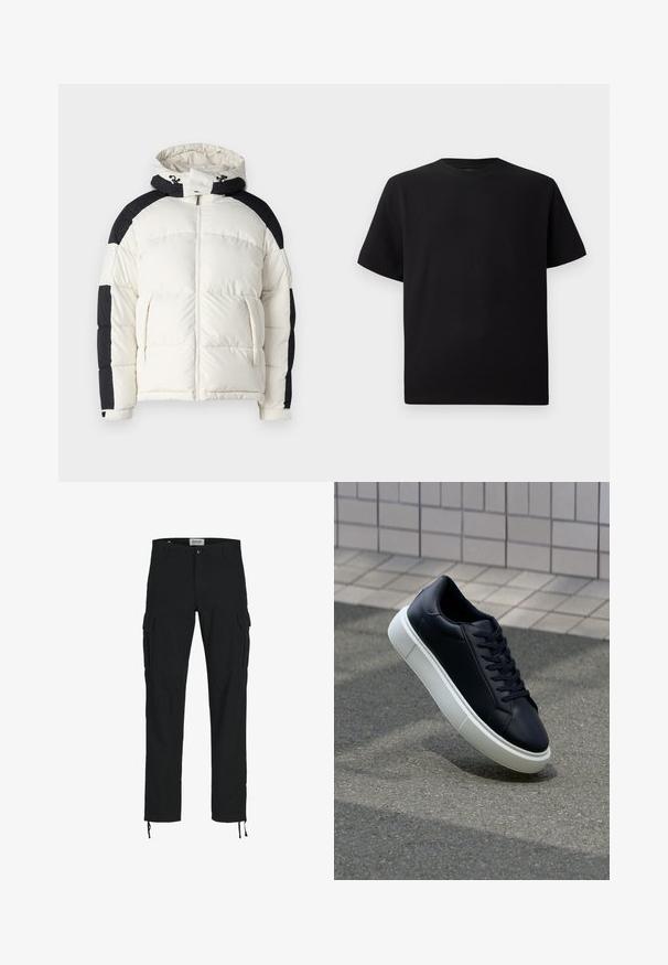 Jack & Jones JCOAERO PUFFER - Ziemas jaka - cloud dancer; Melnās īsām piedurknēm T-krekls no teksturēta auduma, ar apaļu kakla izgriezumu un brīvu piegriezumu. Vienkāršs, bez rakstiem vai akcentiem.; Melni cargo bikses ar taisnu piegriezumu, ar sānu kabatām, pogu aizdari un elastīgām auklām pie potītēm. Izgatavotas no izturīga auduma.; Melnas ādas kedas ar noapaļotu pirkstu un baltu gumijas zoli. Iespējas - plakanas šņorītes un minimāla apdare augšdaļā. Struktūrēta zole, lai nodrošinātu saķeri.