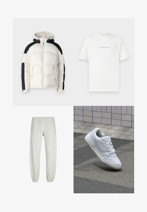 Jack & Jones JCOAERO PUFFER - Veste d'hiver - cloud dancer; T-shirt en coton blanc à manches courtes et col rond. Le texte centré indique "BIENVENUE AU PARADIS" en une police verte courbée.; Pantalons de survêtement blancs en tissu doux, avec une taille et des poignets élastiques, présentant une texture lisse et un design ample.; Baskets en cuir blanc avec des côtés perforés, des accents texturés, des lacets plats et un talon gris contrasté. Présente une semelle légèrement surélevée.