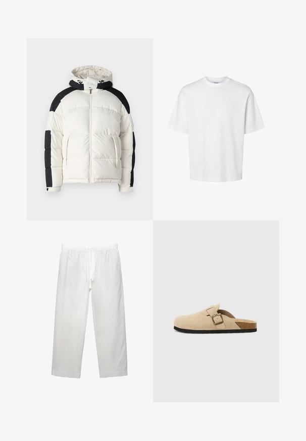 Jack & Jones JCOAERO PUFFER - Giacca invernale - cloud dancer; T-shirt bianco in cotone con maniche corte, scollo rotondo e vestibilità rilassata. Texture liscia senza pattern o dettagli visibili.; Pantaloni bianchi in lino con cintura elastica e cordoncino, design a gamba ampia e cuciture pulite. Texture liscia con vestibilità casual.; Zoccoli beige in suede con piede in sughero, punta rotonda e una semplice fascia con una fibbia dorata. Suola in gomma per una buona aderenza.