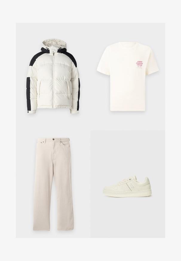 Jack & Jones JCOAERO PUFFER - Winterjacke - cloud dancer; Weißes T-Shirt mit kurzen Ärmeln und rotem Text "Studio Originals Edition" auf der linken Brust, präsentiert vor einem neutralen grauen Hintergrund.; Beige Corduroyhosen mit geradem Schnitt, gerippter Textur, Fünf-Taschen-Design und Knopfverschluss.; Cremefarbene Sneaker mit perforierten Details, Schnürsenkeln und Logo an der Seite, vor einem schlichten weißen Hintergrund präsentiert.