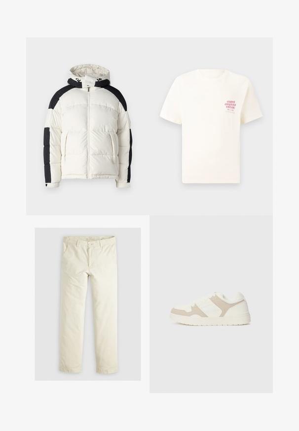 Jack & Jones JCOAERO czarny; Biała koszulka z krótkim rękawem z czerwonym napisem "Studio Originals Edition" po lewej stronie klatki piersiowej, wyeksponowana na neutralnym szarym tle.; Jasno beżowe luźne spodnie z trzema kieszeniami, paskami na pasek oraz prostym krojem nogawki. Wykonane z miękkiej mieszanki bawełny.; Białe i beżowe sneakersy z połączeniem gładkich i zamszowych faktur, okrągłym noskiem, sznurowanym zapięciem oraz płaską gumową podeszwą.