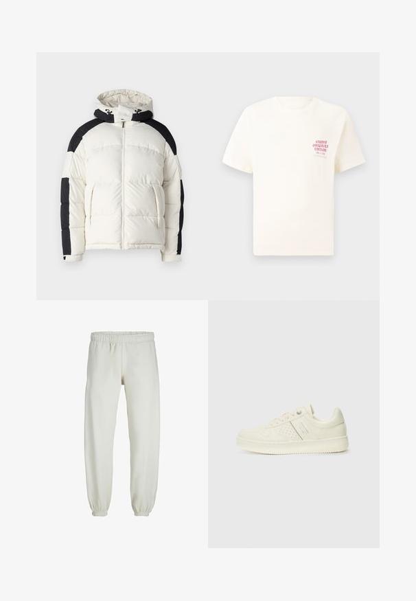 Jack & Jones JCOAERO PUFFER - Veste d'hiver - cloud dancer; T-shirt blanc à manches courtes avec le texte rouge "Édition Originals du Studio" sur la poitrine gauche, présenté sur un fond gris neutre.; Pantalons de survêtement blancs en tissu doux, avec une taille et des poignets élastiques, présentant une texture lisse et un design ample.; Sneaker couleur crème avec des détails perforés, des lacets et un logo sur le côté, présenté sur un fond blanc uni.