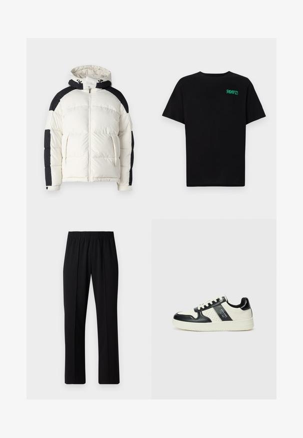 Jack & Jones JCOAERO PUFFER - Zimní bunda - cloud dancer; Černé tričko vyrobené z bavlny s krátkým rukávem. Na přední straně se nachází zelené logo "ROOTS", kulatý výstřih a standardní střih.; Černé kalhoty s elastickým pasem a rovnými nohavicemi, s hladkým povrchem a bez viditelných vzorů nebo kovových doplňků.; Kožené tenisky s černobílou barevnou kombinací, které mají perforované detaily, polstrovaný límec a texturovanou podrážku.