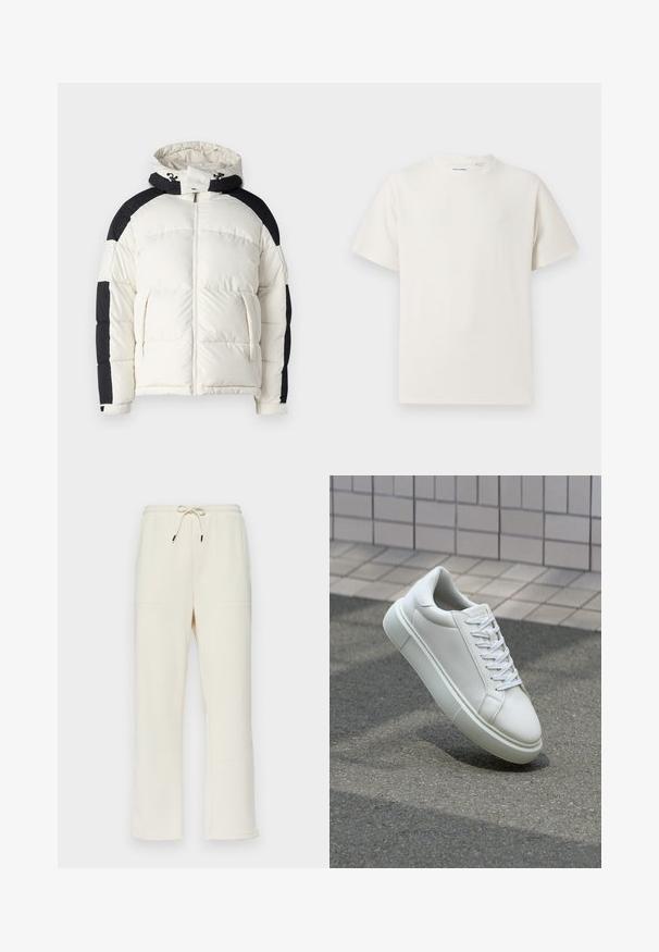 Jack & Jones JCOAERO PUFFER - Zimska jakna - cloud dancer; Bijela kratka majica s kratkim rukavima u rebrastoj teksturi. Okrugli izrez, ležeran kroj, bez vidljivih uzoraka ili akcenta. Jednostavan i svestran dizajn.; Kremaste rebraste trenirke s pojasom na vezanje, koje imaju dvije bočne džepove i ravni kroj.; Bijela kožna tenisica s glatkom površinom, okruglim vrhom i ravnim bijelim vezicama. Ima teksturiran gumeni potplat i minimalne dizajnerske elemente.