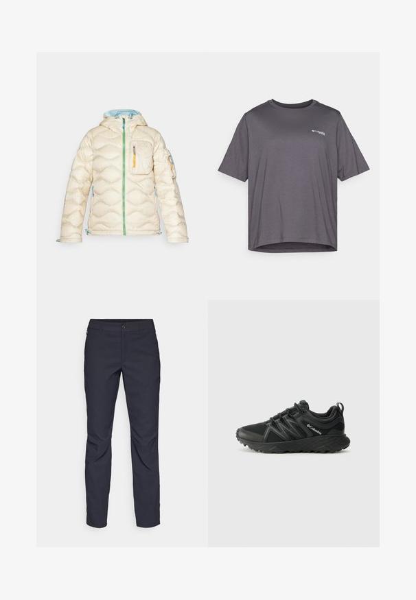 Lichtbeige pufferjack met capuchon, voorzien van een groene rits, oranje zak en blauwe accenten. Gequilte uitstraling met elastische manchetten.; Grijze T-shirt met korte mouwen van gladde stof. Heeft een ronde halslijn en een klein logo dat op de borst is gedrukt.; Navyblauwe broek van gladde stof, met een sluiting aan de voorkant met een knoop, slim-fit ontwerp en geplooide details bij de knieën.; Columbia PEAKFREAK - Outdoorschoenen - black