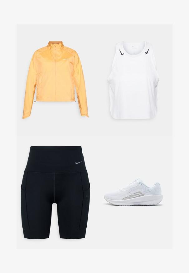 Lengvas, geltonas vėjo treneris su aukštu apykakle, visiškai atidaromu užtrauktuku ir logotipu. Savybės: elastingi rankogaliai ir reguliuojamas apatinis kraštas.; Baltas be rankovių marškinėliai, pagaminti iš lengvos medžiagos, su juodais Nike logotipo akcentais ant pečių, apvaliu iškirpimu ir laisvu siluetu.; Juodos aukšto liemens sportinės šortai, pagaminti iš elastingos medžiagos; turi šonines kišenes ir mažą Nike logotipą ant juosmens.; Baldas sportinis batelis su tinkleliu viršuje, apvaliu toe ir tekstūruota padais. Pabrėžia sidabrinį Nike swoosh ir minimalistinį dizainą.