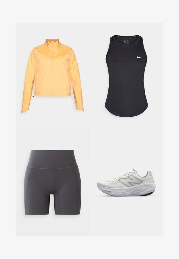 Veste coupe-vent jaune légère avec un col haut, fermeture éclair sur toute la longueur à l'avant et détail de logo. Comporte des poignets élastiques et un ourlet ajustable.; Débardeur de sport noir en matériau anti-humidité. Il présente un col rond, une coupe slim et un logo Nike blanc sur la poitrine.; Shorts de sport gris avec une taille haute, fabriqués en tissu lisse et extensible. Dotés de coutures plates et d'un design ajusté.; Baskets de sport blanches avec une tige en mesh, dotées d'un col rembourré, d'une semelle texturée et du marquage "Fresh Foam" sur la semelle intermédiaire.