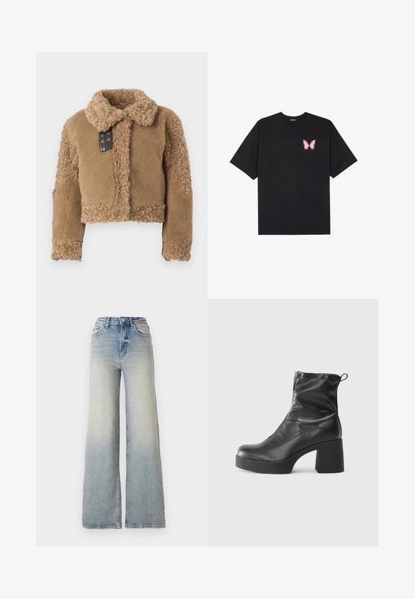 Giacca corta in shearling marrone teddy con ampio colletto e dettagli in pelle nera con fibbia sulla chiusura frontale.; T-shirt nera in cotone con maniche corte, caratterizzata da una piccola grafica di una farfalla rosa sul lato sinistro del petto. Design a girocollo con una vestibilità rilassata.; Jeans ampi di colore blu chiaro in denim, con vita alta, cinque tasche e cuciture visibili lungo le cuciture.; Stivali neri alla caviglia in pelle liscia, con zip laterale, tacco spesso e texture, e punta arrotondata.