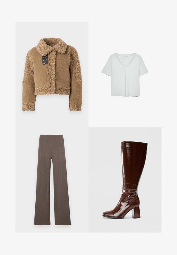 Korte, bruine teddy shearling jas met grote kraag en zwarte leren sluiting met gesp aan de voorkant.; Lichtgrijze T-shirt met korte mouwen en V-hals, gemaakt van zacht materiaal; heeft een relaxte pasvorm en nette stiksels zonder patronen.; Geribbelde wijde broek in een donkerbruine kleur, met een rekbare tailleband en een zachte, gestructureerde stof.; Kniehoge bruine laarzen van gepatenteerd leer met een vierkante neus, glanzende afwerking en een chunky hak voor stabiliteit. Naadloos ontwerp zonder zichtbare hardware.