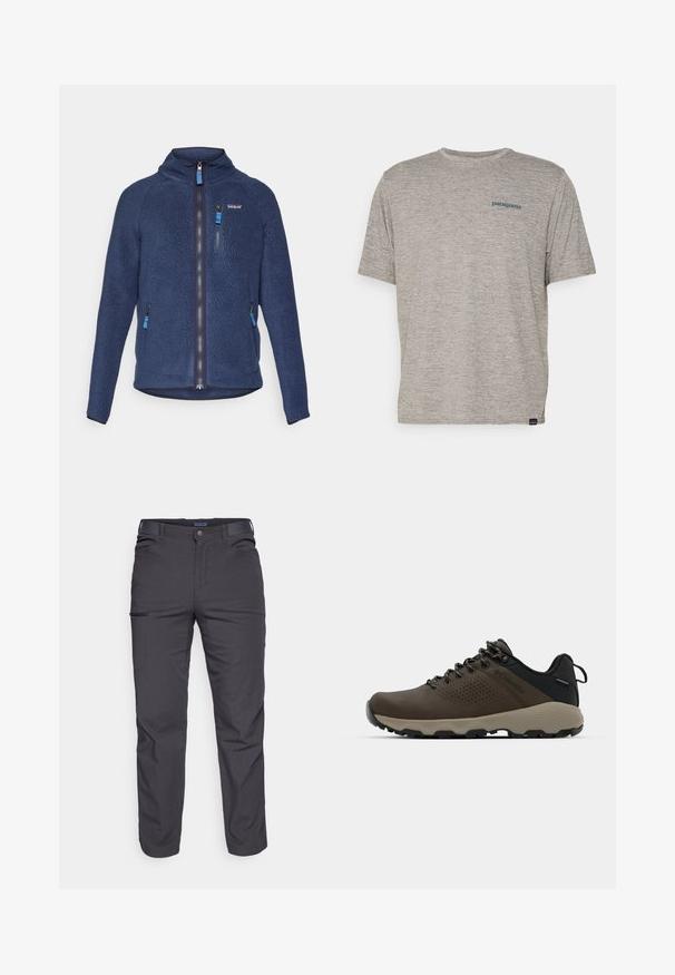 Tumed sinine fliistejakker, millel on täispikk tõmblukk, kolm tugevdatud tõmblukuga taskut, kõrge krae ja Patagonia logo vasakul rinnal.; Hall tootega hall T-särk lühikeste varrukatega, pehmest tekstuuriga kangast, millel on vasakul rinnal väike sinine Patagonia logo. Täiendavaid mustreid pole.; Tumed hallid püksid, mis on valmistatud vastupidavast kangast, varustatud lukuga tasku, sirge lõikega ja vööaasadega, et sobivust kohandada.; Kohandatud veekindlad pruunid spordijalatsid tekstuuriga pealisega, perforatsioonidega detailid, must kandetoetav osa ja hall kummine sisetald. Paelad on metallist otstega.