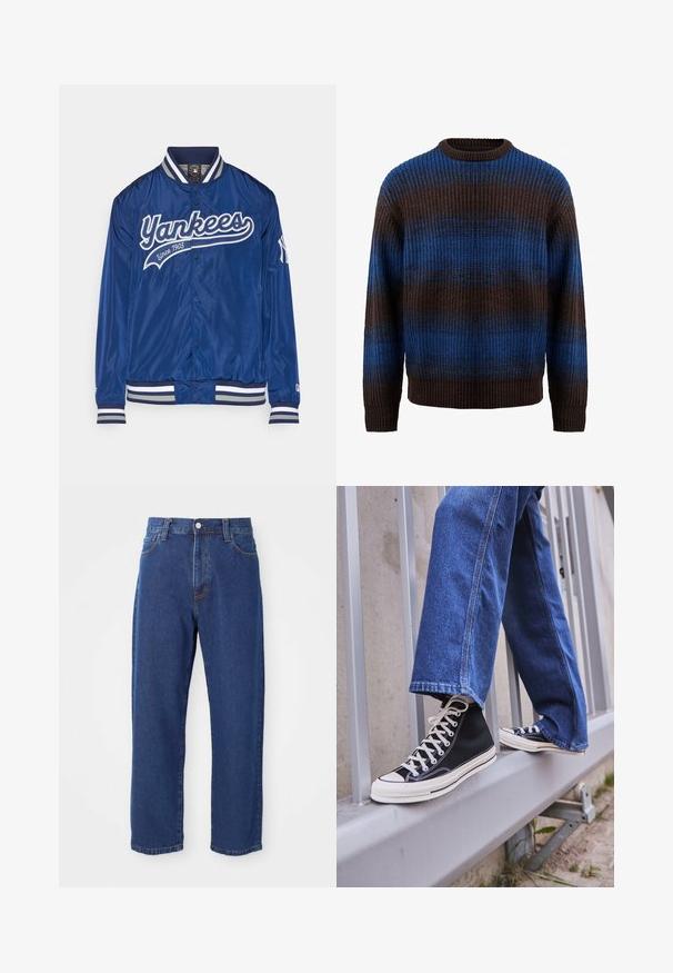 Chaqueta de béisbol de satén azul con el script blanco "Yankees" y el detalle "Desde 1903". Presenta un cuello y puños acanalados con rayas grises.; Suéter de punto en marrón y azul con una textura acanalada, presenta rayas horizontales y un escote redondo. Mangas largas con puños acanalados.; Vaqueros de tiro alto de algodón, con una silueta de pierna recta, costuras visibles y un cierre de botón en la parte delantera.; Zapatillas de deporte negras de caña alta con suela y cordones blancos, combinadas con unos vaqueros de denim azul holgados, apoyadas en una barandilla gris.