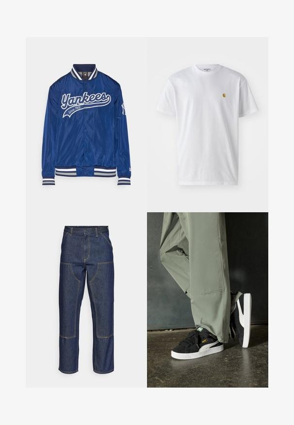 Chaqueta de béisbol de satén azul con el script blanco "Yankees" y el detalle "Desde 1903". Presenta un cuello y puños acanalados con rayas grises.; Camiseta de algodón blanca con mangas cortas, cuello redondo, que presenta un pequeño logo dorado en la parte izquierda del pecho. Textura suave y corte regular.; Jeans de mezclilla azul oscuro con cintura alta, diseño de pierna recta, costuras contrastantes y bolsillos de parche en la parte delantera.; Zapatillas de ante negras con suelas de goma blancas y rayas laterales, combinadas con pantalones cargo verde claro, de pie sobre una superficie oscura texturizada.
