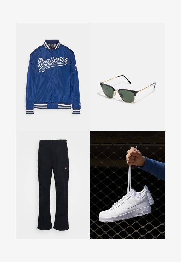 Chaqueta de béisbol de satén azul con el script blanco "Yankees" y el detalle "Desde 1903". Presenta un cuello y puños acanalados con rayas grises.; Joven con cabello trenzado que lleva una camiseta Nike gris claro y pantalones cortos Nike negros frente a un fondo blanco liso.; Pantalones cargo negros con un diseño de pierna recta, hechos de tela duradera, con bolsillos laterales y un logo de parche en el lado izquierdo.; Zapatillas de cuero blanco con perforaciones, punta redonda, suela plana y cordones gruesos, con un logo de swoosh visible y "AIR" en el talón.; Gafas de sol con lentes verdes, montura superior de plástico negro, acentos de metal dorado y finas varillas negras. Presentan un diseño de puente distintivo.