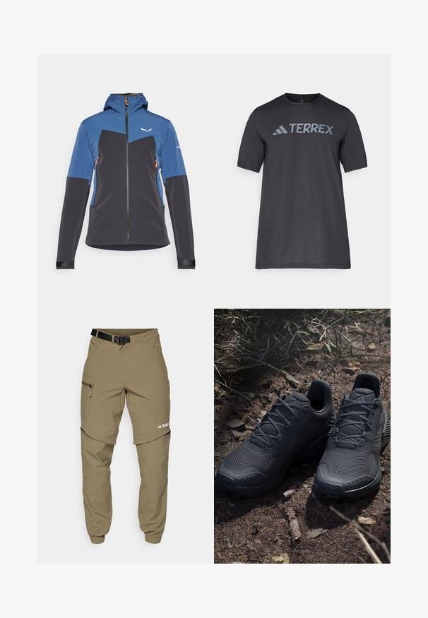 Salewa SELLA JACKET - Μπουφάν softshell - dark denim; Μαύρο κοντό μανίκι μπλουζάκι φτιαγμένο από ελαφρύ ύφασμα, με το λογότυπο "TERREX" σε ανοιχτό γκρι χρώμα να απλώνεται στο στήθος και στρογγυλή λαιμόκοψη.; Χακί εξωτερικές παντελόνες με ρυθμιζόμενη μαύρη ζώνη, τσεπάκια με φερμουάρ, στενές μανσέτες και αφαιρούμενα κάτω μέρη για ευέλικτο στυλ.; Μαύρα αθλητικά παπούτσια με υφή πλεκτό άνω μέρος, ενισχυμένη μύτη και αφρώδη σόλα, τοποθετημένα σε γήινο έδαφος με διασκορπισμένα κλαδάκια.