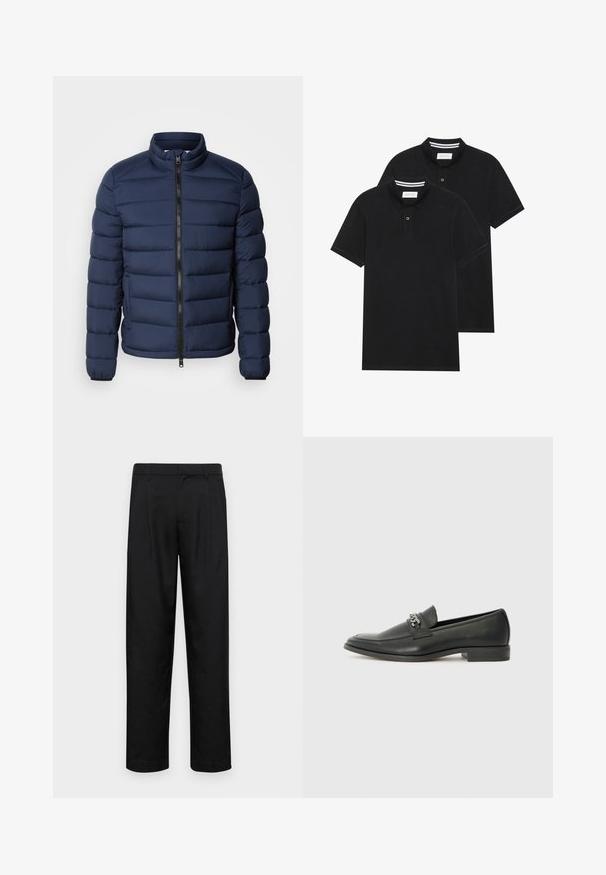 Ναυτικό μπλε μπουφάν με φουσκωτή υφή, ψηλό γιακά, κάθετη ραφή και μπροστινό φερμουάρ, καθώς και ελαστικούς καρπούς. Ελαφρύ υλικό.; Δύο μαύρα πόλο πουκάμισα, κοντομάνικα, από βαμβακερό υλικό, με κλασικό γιακά, πατιλέτα με δύο κουμπιά και λευκές ριγέ λεπτομέρειες μέσα στον γιακά.; Μαύρο παντελόνι από λείο ύφασμα, με ίσια γραμμή, δύο μπροστινές πιέτες και κανονική μέση με θηλιές ζώνης.; Μαύρη δερμάτινη λοφάρα με λείο φινίρισμα, που διαθέτει ραμμένο σχέδιο και διακοσμητική μεταλλική αλυσίδα πάνω από το μπροστινό μέρος. Χαμηλή φτέρνα.