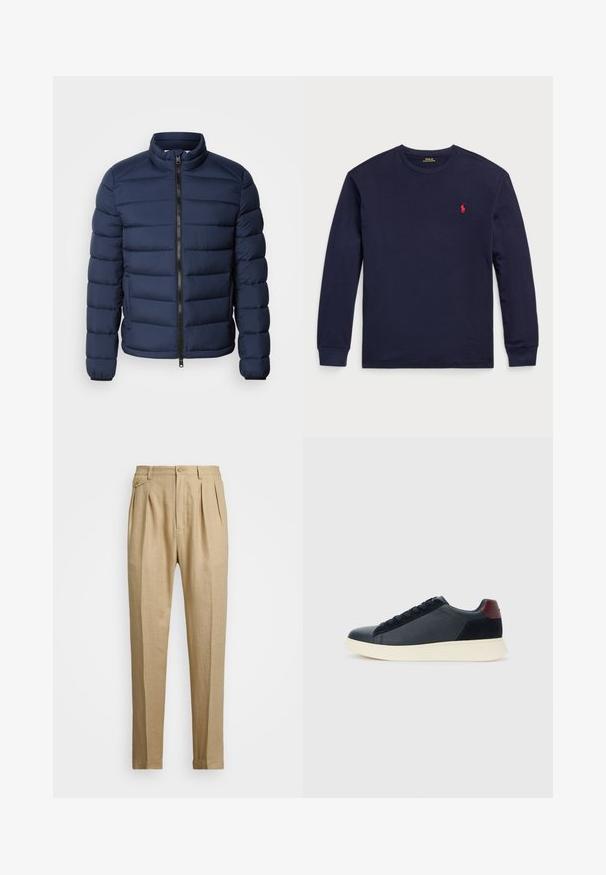 Marineblå puffjakke med høy krage, vertikalt quiltet design, glidelås foran og elastiske mansjetter. Lett materiale.; Marineblå langermet t-skjorte laget av myk bomull. Har rund hals og en liten rød logo på venstre bryst. Jevn tekstur overalt.; Beige linbukser med rett snitt, med to frontfold, knappeåpning og sidelommer. Teksturt stoff med en glatt finish.; Lave herresko i sort læder og ruskind med maroon hælflap og hvid gummisål, set fra ydersiden.