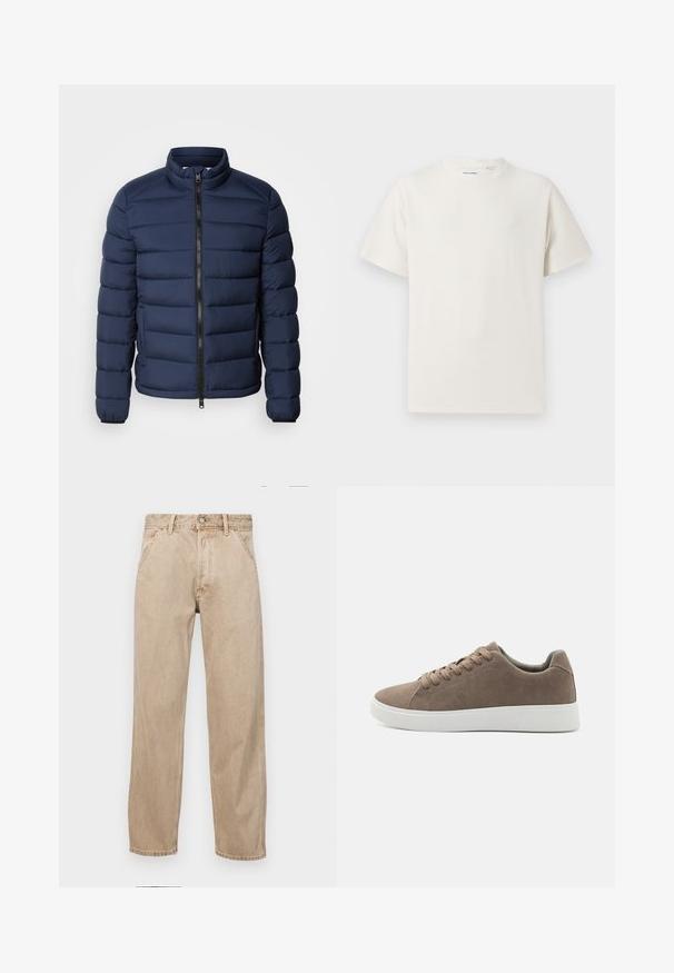 Navy blue puffer jacket with a high collar, vertical quilted design, front zipper closure, and elastic cuffs. Lightweight material.; White short-sleeve T-shirt in a ribbed texture. Round neckline, relaxed fit, no visible patterns or accents. Simple and versatile design.; Beige denim jeans with a straight leg design, featuring front pockets, a metal button closure, and subtle texture.; Brown suede sneakers with flat white rubber soles, lace-up design, rounded toe, and a smooth texture. Minimalist style with subtle stitching details.