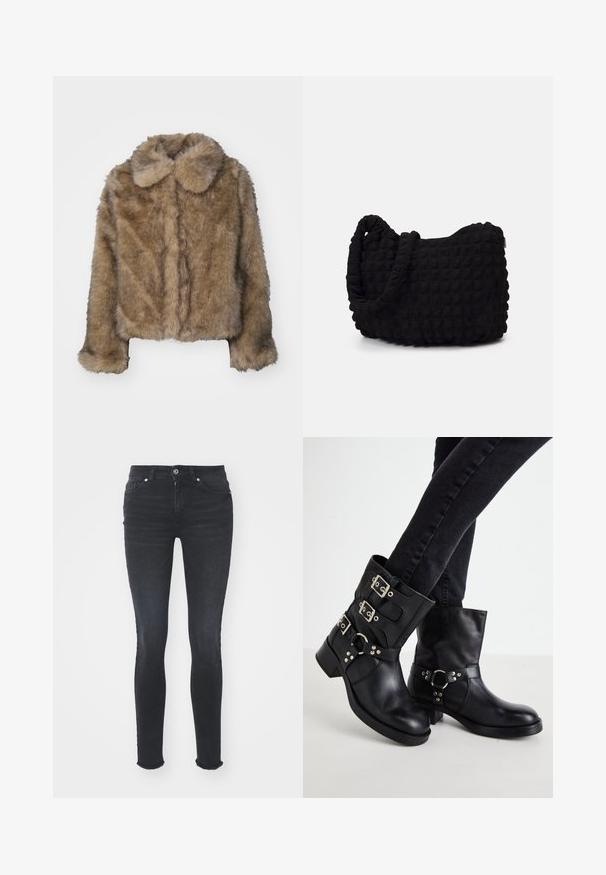 Brązowa kurtka z sztucznego futra, krótka, z zaokrąglonym kołnierzem, długimi rękawami i miękką, teksturowaną powierzchnią. Subtelne detale szwów wzdłuż przodu.; Czarny body z długim rękawem i wysokim dekoltem, wykonane z gładkiego materiału na torsie oraz przejrzystych siateczkowych rękawach, zaprojektowane w dopasowanym kształcie.; Czarne dżinsowe wąskie spodnie z średnim stanem, pięcioma kieszeniami i postrzępionym dołem. Tkanina ma gładką fakturę z delikatnym streczem.; Czarne skórzane botki za kostkę z trzema klamrami, okrągłym noskiem i niskim obcasem w kształcie bloku. Projekt zawiera gładkie i teksturowane panele.; Czarna torba z materiału o fakturowanym, pikowanym wzorze. Owalny kształt, krótkie, grube rączki oraz miękka, elastyczna struktura.; Srebrne kolczyki w formie kółek o gładkim, polerowanym wykończeniu. O okrągłym kształcie i pewnym zapięciu na klik. Lekka konstrukcja odpowiednia do codziennego noszenia.