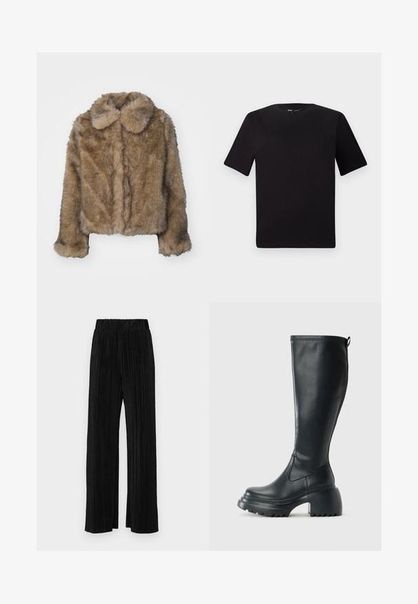 Brown faux fur cropped jacket with a rounded collar, long sleeves, and a soft, textured surface. Subtle seam detailing along the front.; Black short-sleeve t-shirt with a round neckline, crafted from soft cotton fabric. Simple design, no visible logos or patterns.; Black pleated trousers with an elastic waistband. Features wide legs and a smooth, textured fabric with vertical stripes.; Tall black leather boot with chunky platform sole and block heel, featuring pull tab and textured tread on outsole.