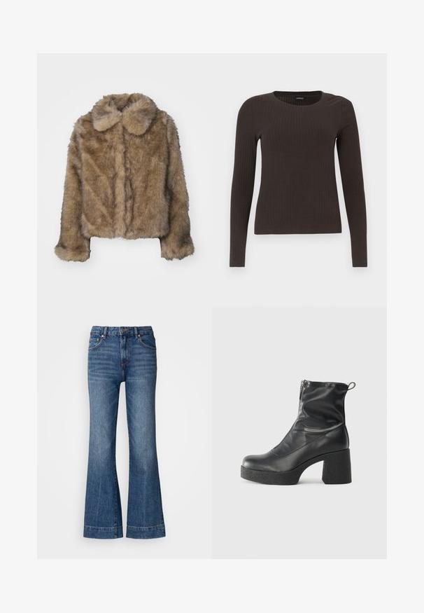 Brown faux fur cropped jacket with a rounded collar, long sleeves, and a soft, textured surface. Subtle seam detailing along the front.; Brown, long-sleeve ribbed top with a crew neckline. Made from a smooth, stretchy material, featuring a fitted silhouette and minimal detailing.; Flared denim jeans in dark blue. Features five pockets, belt loops, and orange stitching. Smooth texture with a classic fit design.; Black ankle boots made of smooth leather, featuring a side zipper, chunky textured heel, and rounded toe design.