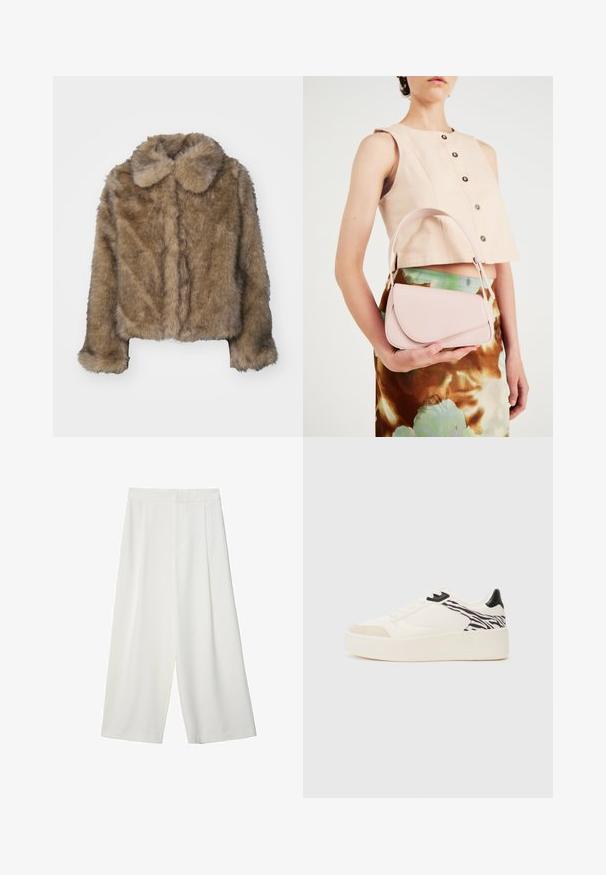 Brun fodrad kort jacka i päls med rund krage, långa ärmar och en mjuk, texturerad yta. Subtil sömdetaljering längs framsidan.; Vit t-shirt med kort ärm i bomull. Har en rundad halsringning och en avslappnad passform. Slät textur utan synliga mönster eller detaljer.; Vita, vida cropped byxor med en slät textur, med platt front och utan synliga knäppningar eller fickor.; Even&Odd Sneakers - white/black; Rosa läderhandväska med en böjd klaff, enkel axelrem och rena linjer. Väskan har en slät yta och en minimalistisk design.