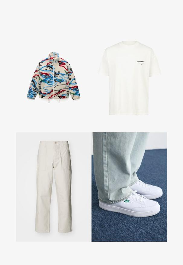 Casaco de fleece com base creme e padrões multicoloridos semelhantes a um mapa em vermelho, preto, azul e verde; possui um colarinho alto e fecho de zíper.; T-shirt de algodão branco com mangas curtas. Apresenta um logótipo preto no lado esquerdo do peito. Corte reto com um design de gola redonda.; Calças largas em bege claro, feitas de algodão. Apresentam bolsos frontais e fecho com botão. Textura suave com linhas verticais subtis.; Tênis de couro brancos com logo verde da Nike, bico redondo, sola plana, combinados com calças de denim azul claro, exibidos sobre um tapete azul.