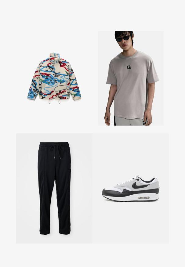 Polarowa kurtka w kolorze kremowym, zdobiona wielokolorowymi wzorami przypominającymi mapę w odcieniach czerwieni, czerni, niebieskiego i zielonego; z wysokim kołnierzem i zapięciem na zamek.; Szara bawełniana koszulka z krótkim rękawem i okrągłym dekoltem. Ma małą czarną naszywkę z logo Nike Air z przodu. Gładka tekstura materiału.; Czarne spodnie casualowe z gumką w pasie, z kieszeniami wszytymi po bokach i prostym krojem na jednolitym tle.; Sneakers Nike Air Max 1 w białej i szarej górze z czarnymi skórzanymi akcentami, o zaokrąglonym kształcie i widocznym systemie poduszki powietrznej w podeszwie.