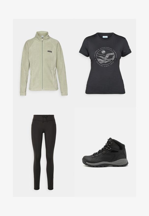 Flis jakna u svijetlozelenoj boji s visokim ovratnikom, prednjim patentnim zatvaračem i bočnim džepovima. Sadrži mali crni logo na gornjoj lijevoj strani.; Crna Columbia majica s bijelim kružnim crtežom planine i rijeke te natpisom "Columbia Sportswear Company Outside Since 1938."; Crne tajice s visokim strukom, uzicom, glatkom teksturom i uskim dizajnom. Imaju šavove duž bokova.; Crne planinarske čizme s dizajnom srednjeg vrha, sa teksturiranim gornjim dijelom, sivim akcentima i izdržljivom gumom potplatom s uzorkom za prianjanje.