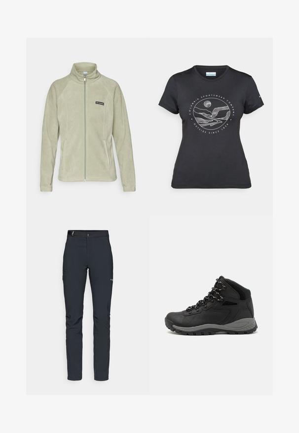 Giacca in fleece di colore verde chiaro con colletto alto, zip frontale e tasche laterali. Presenta un piccolo logo nero sul lato sinistro superiore.; Maglietta nera Columbia con arte lineare bianca di una montagna circolare e un fiume, e il testo "Columbia Sportswear Company Outside Since 1938."; Pantaloni da uomo per attività all'aperto, grigio scuro, realizzati in materiale elastico, dotati di cintura, tasche con zip e cuciture rinforzate.; Stivale da trekking nero con design a metà altezza, dotato di una tomaia texturizzata, accenti grigi e suola in gomma resistente con tasselli per la trazione.