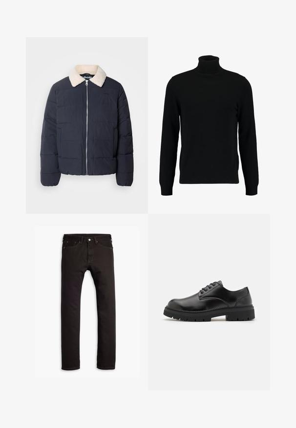 Mørkeblå dunjakke med en cremet faux fur-krave, frontlynlås og quiltet design. Har sidelommer og logo på brystet.; Sort turtleneck sweater lavet af et blødt strikmateriale. Har lange ærmer, ribbet krave og kant. Enkel, slank design uden mønstre.; Sorte slim-fit jeans med fem lommer og knaplukning, præsenteret fladt på en hvid baggrund.; Sorte lædersko med rund tå, snørelukning og en tykk, struktureret gummisål. Har syninger langs kanten og en glat overflade.