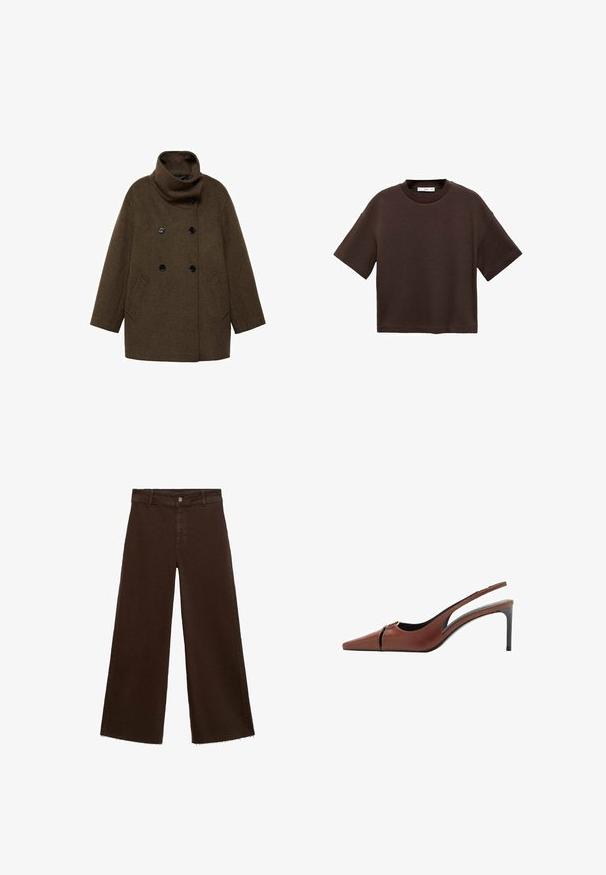 Cappotto di lana marrone con colletto alto, design doppiopetto e due tasche laterali. Presenta bottoni neri e una silhouette ampia.; T-shirt corto marrone a maniche corte realizzato in cotone morbido. Presenta un colletto rotondo e una vestibilità ampia, con una texture liscia e senza motivi visibili.; Pantaloni larghi marroni in misto cotone, caratterizzati da orlo sfrangiato, chiusura frontale con bottone e classico design a cinque tasche. Minimalisti e versatili.; Scarpa con tacco slingback in pelle marrone con punta appuntita, dettaglio a taglio sulla tomaia e un elegante tacco a stiletto. Texture liscia.