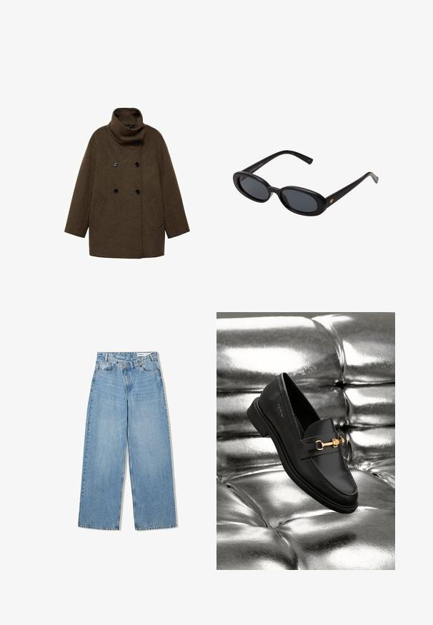 Brun uldfrakke med høj krave, dobbeltbrystet design og to sidelommer. Har sorte knapper og en kasseformet silhuet.; Simpel hvid langærmet skjorte, rund hals, vist fra ryggen, lagt fladt på en hvid baggrund.; Lyseblå vide denimjeans med høj talje, fem lommer, knaplukning og diskret falmning for tekstur.; Sorte læder loafers med en guldfarvet hardware detalje. Skoen har et elegant design og en glat, skinnende overflade.; Store store