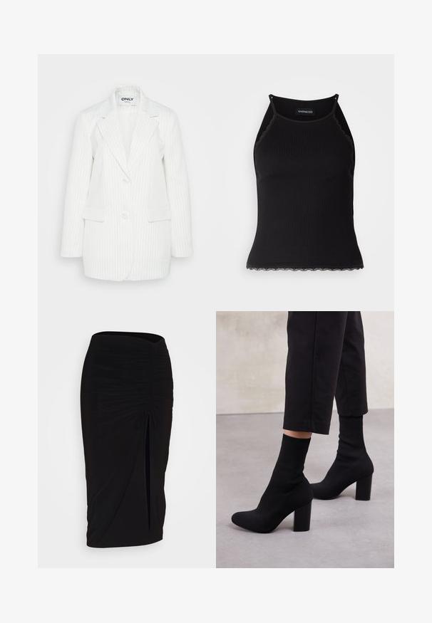 Blazer bianco a righe sottili con due bottoni, rever a lancia e tasche frontali. Il tessuto ha una texture liscia e presenta un motivo a righe verticali.; Top in maglia nera a coste con bordo in pizzo ondulato all'orlo. Presenta spalline sottili e un design aderente. Realizzato in tessuto elasticizzato.; Gonna a tubino nera, arricciata, con dettaglio a fiocco e uno spacco laterale. Realizzata in un tessuto elasticizzato, presenta una texture liscia e un design aderente.; Stivaletti neri con tacco alto, dotati di una parte superiore in tessuto a coste simile a una calza, superficie liscia, punta arrotondata e un tacco a blocco per maggiore stabilità.