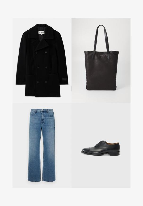 Melnas divkrūšu vilnas mētelis ar plašu apkakli, divām priekšējām kabatām un nemanāmiem vertikāliem akcentiem sānos.; Balts garo piedurknēm krekliņš ar pogām, izgatavots no kokvilnas, ar krūšu kabatu ar tonālu izšuvumu, apkakli un pogām pie piedurknēm.; Platās kājas zilo džinsu bikses izgatavotas no zila auduma ar izbalējušu apdari. Tām ir piecas kabatas, priekšējais pogu aizdare un taisna piegriezuma forma.; Melna ādas kleitkurpe ar gludu virsmu, noapaļota purngala, piecām acīm šņorēšanai un zemu bloku papēdi. Minimalistisks dizains ar smalku adījumu.; Melnas auduma iepirkumu soma ar melnām ādas rokturiem. Vienkāršs dizains, plaša forma un gluda tekstūra. Nav redzamu logo vai rakstu.