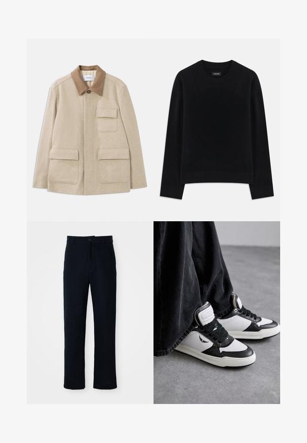 Beige Wollmischung Jacke mit einem braunen kontrastierenden Kragen, ausgestattet mit zwei Vordertaschen und einem Knopfverschluss. Sauberes, minimalistisches Design.; Schwarzer Pullover aus weichem Material, mit Rundhalsausschnitt, langen Ärmeln, lockerer Passform und geripptem Saum. Einfaches, einfarbiges Design ohne Muster.; Dunkelblaue Baumwollhosen mit geradem Bein, einem Frontknopfverschluss und einem klassischen Bund mit Gürtelschlaufen.; Schwarz-weiße High-Top-Sneaker mit strukturierten schwarzen Schnürdetails, aus Leder und synthetischem Material, mit einem Logo an der Seite.