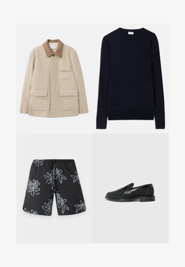 Bežinė vilnos mišinio striukė su rudais kontrastingais apykaklėmis, turinti dvi priekinės kišenes ir sagčių uždarymą. Švari, minimalistinė dizaino.; Tamsiai mėlynas megztinis su apvalia iškirpte, pagamintas iš minkštos medžiagos, turintis ilgomis rankovėmis ir ailėmis apykaklėje bei priekyje. Švarus, minimalistinis dizainas.; Juodi maudymosi šortai, kuriuose yra blizgaus šviesiai pilko gėlių rašto. Elastingas liemuo su raišteliu ir logotipo detalė apatinėje dešinėje pusėje.; Juodas pintas slip-on tipo batelis su lygiu odiniu akcentu viršuje, apvalios nosies dizainas ir žemas guminis padas.