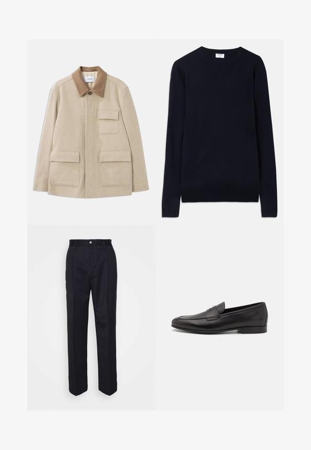 Beżowa kurtka z wełny z brązowym kontrastowym kołnierzem, z dwiema przednimi kieszeniami i zapięciem na guziki. Czysty, minimalistyczny design.; Granatowy sweter typu crew-neck wykonany z miękkiego materiału, z długimi rękawami i prążkowanymi wykończeniami przy kołnierzu i dolnym brzegiem. Czysty, minimalistyczny design.; Czarne spódnie o prostym kroju, uszyte z gładkiej tkaniny, z zapięciem na guzik z przodu oraz dwoma bocznymi kieszeniami.; Czarne skórzane męskie loafersy z niskim obcasem i klasycznym paskiem penny, przedstawione w profilu bocznym na białym tle.