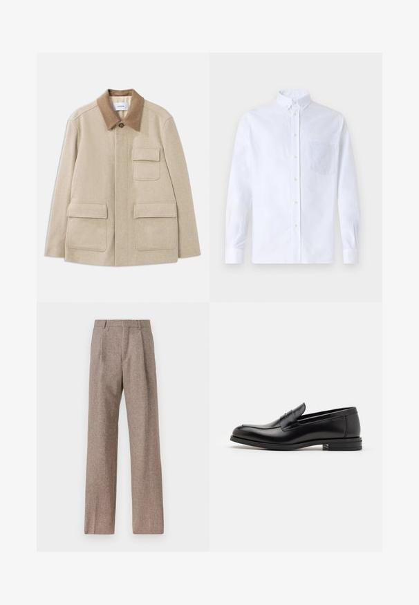 Beige Wollmischung Jacke mit einem braunen kontrastierenden Kragen, ausgestattet mit zwei Vordertaschen und einem Knopfverschluss. Sauberes, minimalistisches Design.; Weißes Langarm-Hemd mit Knöpfen aus Baumwolle, ausgestattet mit einer Brusttasche mit tonalem Stickerei, einem Kragen und Knopfmanschetten.; Braune, hochtaillierte Hose aus strukturiertem Stoff. Mit weitem Bein und zwei vorderen Bügelfalten für zusätzliche Form. Saubere Verarbeitung ohne sichtbare Hardware.; Schwarze Lederloafers mit glatter Textur, rundem Zehenbereich und einem dekorativen Riemen über dem Vorderfuß. Niedriger, gestapelter Absatz, minimalistisches Design.