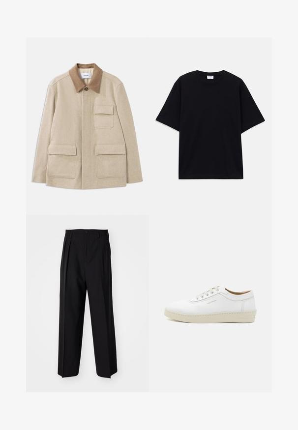 Beige wool blend jacket with a brown contrasting collar, featuring two front pockets and a button closure. Clean, minimalist design.; Black short-sleeve oversized T-shirt with round neckline and visible Filippa K brand label inside the collar.; Black pleated trousers with a straight, wide-leg design. Made from smooth fabric, featuring a button closure and belt loops.; White leather sneaker with a textured finish, round toe, beige rubber sole, and six grey lace eyelets, featuring subtle branding on the side.