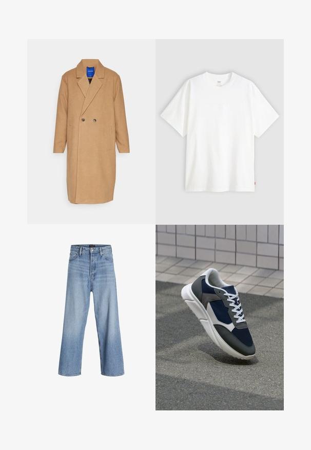 Jack & Jones JORHARRY COAT - Cappotto classico - camel; T-shirt bianco a maniche corte in cotone con collo rotondo. Presenta un discreto dettaglio logo in rilievo sulla parte frontale e un'etichetta rossa sull'orlo.; Jeans a palazzo in denim blu chiaro con vita alta, dotati di chiusura a bottoni, design a cinque tasche e un leggero effetto sbiadito. Orli puliti.; Sneaker con tomaia in rete blu navy, inserti in suede grigio, suola in gomma bianca e lacci bianchi piatti, progettata per comfort e traspirabilità.