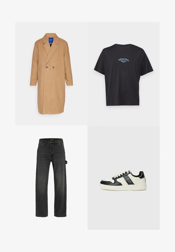 Jack & Jones JORHARRY COAT - Klassischer Mantel - camel; Schwarzes Baumwoll-T-Shirt mit kurzen Ärmeln und Rundhalsausschnitt. Mit blauer Schrift "HEALING" in einem gewölbten Design auf der Vorderseite.; Dunkelgraue Denim-Jeans mit geradem Schnitt, fünf Taschen, einem Metallknopfverschluss und einem seitlichen Riemendetail.; Leder-Sneaker in Schwarz- und Cremetönen, mit perforierten Akzenten, einem gepolsterten Kragen und einer strukturierten Laufsohle.