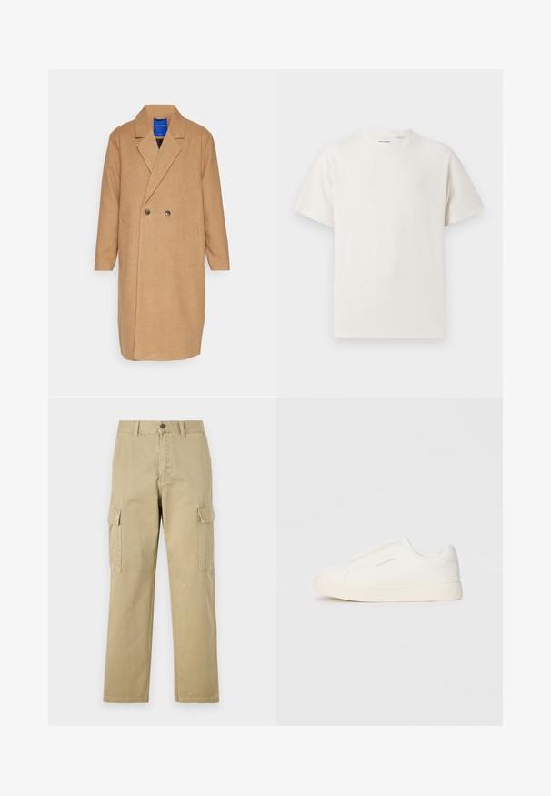 Jack & Jones JORHARRY tan; Biała krótka koszulka z krótkim rękawem o żebrowanej fakturze. Okrągły dekolt, luźny krój, brak widocznych wzorów lub akcentów. Prosty i uniwersalny design.; Beżowe spodnie cargo wykonane z bawełny, z dwoma bocznymi kieszeniami, z zapięciem na guzik oraz prostymi nogawkami z lekko teksturowanej tkaniny.; Białe sneakersy wsuwane z teksturowanej powierzchni, grubą podeszwą i minimalistycznym designem. Zawierają logo marki z boku.
