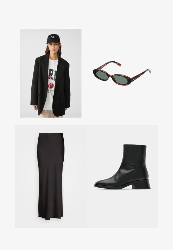 Černý blejzr s klopami, nošený přes bílou mikinu s grafickým potiskem červených třešní. Dokončeno černou baseballovou čepicí.; Černý žebrovaný top bez rukávů s kulatým výstřihem a vyšívaným logem v bílé barvě. Má přiléhavý střih a čistý, rovný lem.; Černá, dlouhá saténová sukně s hladkou texturou, úzkým pasem a A-liniovým střihem, bez viditelných ozdob nebo vzorů.; Černé kotníkové boty vyrobené z lesklé kůže, s elegantním designem, špičatou špičkou a umírněným blokovým podpatkem pro stabilitu.; Sluneční brýle ve hmotě želvoviny s oválnými obroučkami a zelenými čočkami. Mají tenké stranice s metalickým akcentem u závěsů.