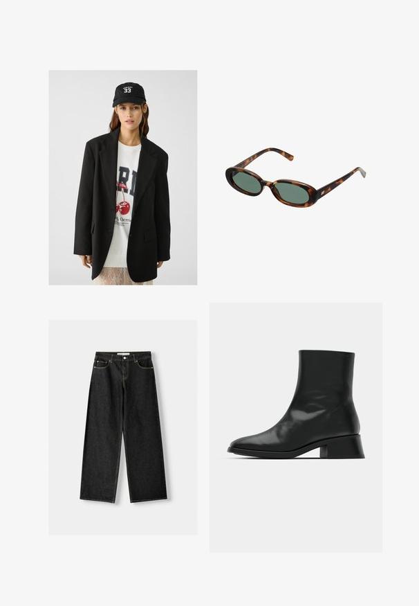 Čierny blazer s vyvýšenými klopami, nosený cez bielu mikinu s grafickým potlačou, na ktorej sú červené čerešne. Dokončené čiernym baseballovým šiltovkou.; Čierny rebrový tielko s okrúhlym výstrihom a vyšitým logom v bielej farbe. Materiál má hladkú textúru a priliehajúci strih.; Čierne denimové nohavice s širokými nohavicami, ktoré majú päť vreciek, kovový gombík a zips na zapínanie, a kontrastné žlté švy pozdĺž švov.; Čierne členkové topánky vyrobené z lesklej kože, s elegantným dizajnom, špicatou špičkou a stredne vysokým blokovým podpätkom pre stabilitu.; Slnečné okuliare v štýle korytnačiny s oválnymi rámami a zelenými sklami. Majú tenké nožičky s kovovým akcentom pri pántoch.