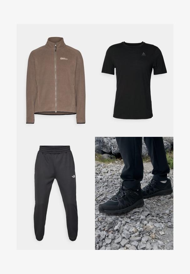 Ruskea fleecetakki, jossa on korkea kaulus, täysipitkä vetoketju ja kontrastivärinen musta viimeistely helmassa ja hihoissa. Edessä on logo rinnassa.; Musta t-paita, joka on valmistettu kevyestä kankaasta, pyöreällä kaula-aukolla, lyhyillä hihoilla ja pienellä brändilogolla vasemmalla ylhäällä.; Mustat collegehousut, joissa on nauhakuomu vyötäröllä, kapeneva fit, elastiset hihansuut ja pieni valkoinen logo vasemmassa reidessä, valmistettu sileästä kankaasta.; Mustat ulkokengät, joissa on verkko- ja synteettinen materiaali, teksturoitu päällinen, varma nauhoitusjärjestelmä ja kestävä pohja kivikkoisella maastolla.
